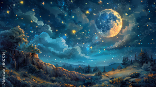A fantastical landscape under a bright full moon and sparkling stars  with rolling hills and lush forests creating a dreamy scene.