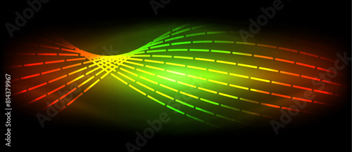 A symmetrical pattern of neon green, orange, and red waves on a black background resembling terrestrial plant leaves, creating a visual effect lighting reminiscent of electric blue water