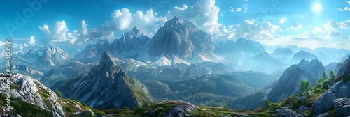 Mountain ranges on a sunny day at dolomites- italy realistic nature and landscape photo