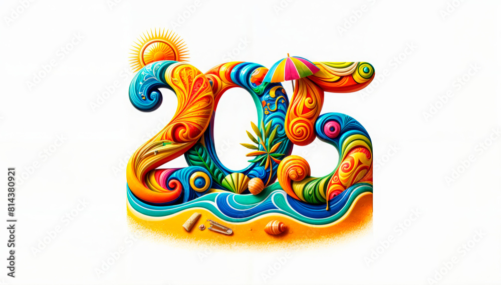 numerals ‘205’ adorned with summery motifs like sun, waves, and palm trees, perfect for futuristic or thematic visual content. Includes ample copy space for further customization numerals ‘205’ adorned with summery motifs like sun, waves, and palm trees, perfect for futuristic or thematic visual content. Includes ample copy space for further customization