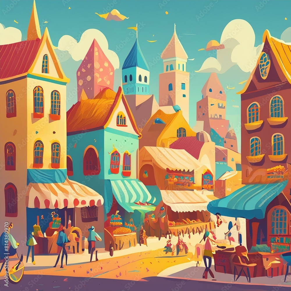 A classic old town with historical buildings, bustling traditional markets, and lively A classic old town with historical buildings, bustling traditional markets, and lively