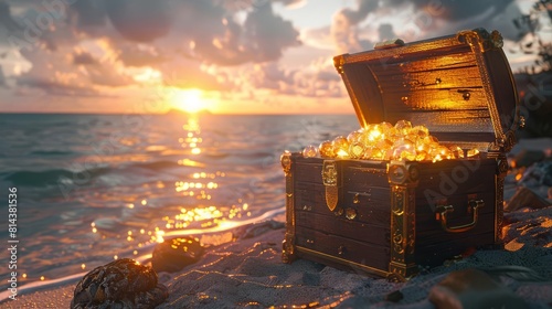A treasure chest overflowing with gold, jewels, and ancient artifacts on a sandy beach at sunset.