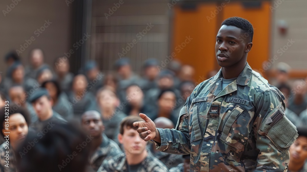 Quantum physics expert teaching soldiers, front view, educating on quantum theories, technology tone, vivid color scheme Quantum physics expert teaching soldiers, front view, educating on quantum theories, technology tone, vivid color scheme