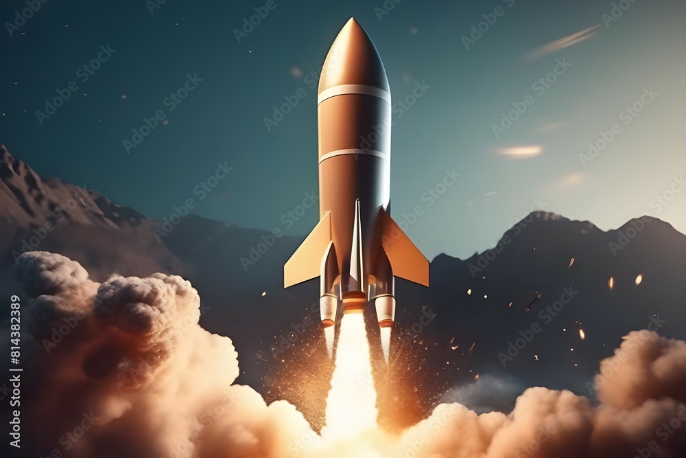Rocket launch up in air. symbolizing business startup idea, internet marketing, and future product development with speed and power. generative ai