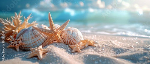 Seashells and Starfish on Sunny Beach Shore. © MOMO