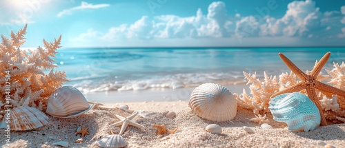 Seashells and Starfish on Sunny Beach Shore. photo