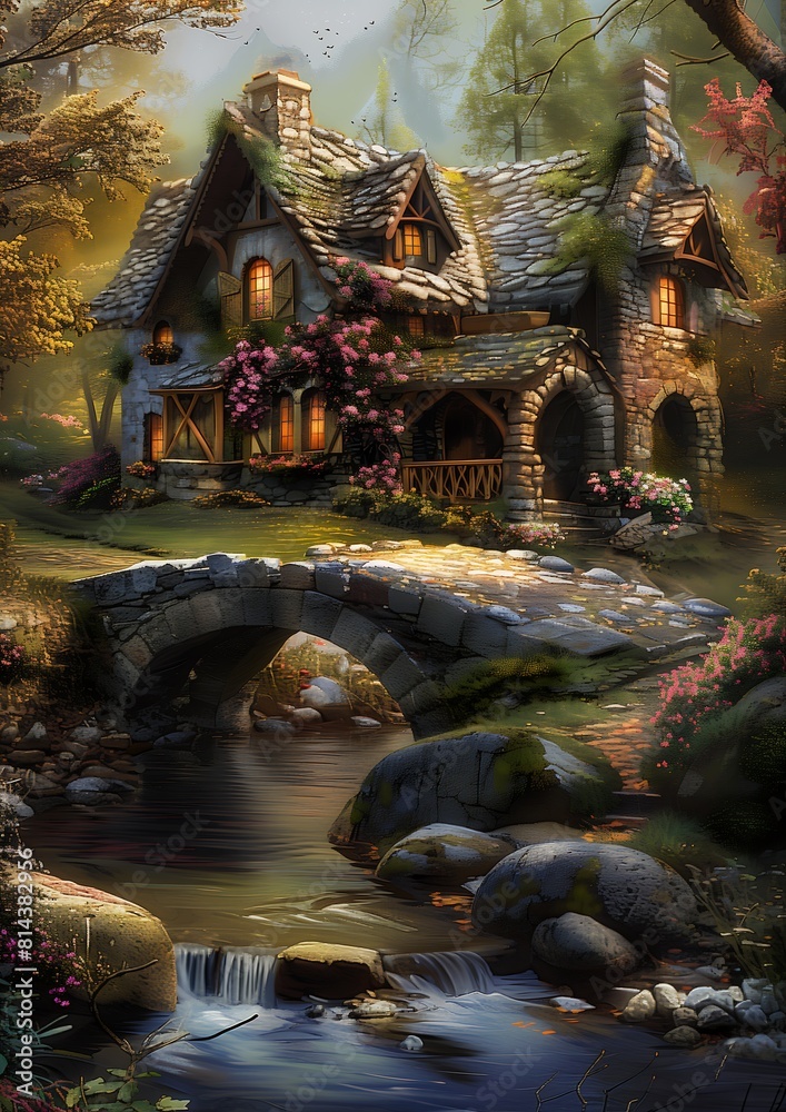 Obraz premium cottage forest stream running under digital inhabited levels spell naturalistic technique near black cauldron simple gable roofs realms