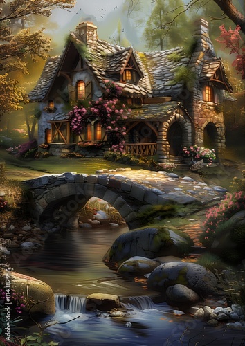 cottage forest stream running under digital inhabited levels spell naturalistic technique near black cauldron simple gable roofs realms