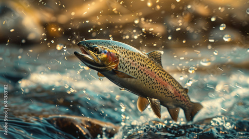 Close-Up of a Jumping Rainbow Trout in the Lake
