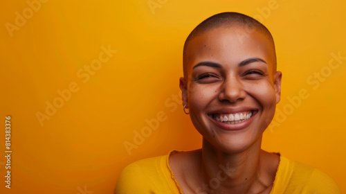 A woman with a shaved head is smiling, cancer patient with chemotherapy photo