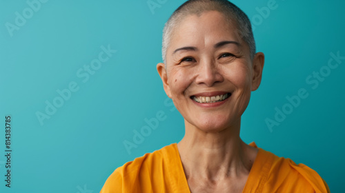 A woman with a shaved head is smiling, cancer patient with chemotherapy photo