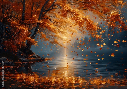 scene lake leaves flying gold raining background imagining blissful fate dreamlike light orange wow photo