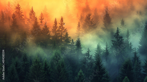Sunset fog in the forest, fiery oranges to deep forest green gradient