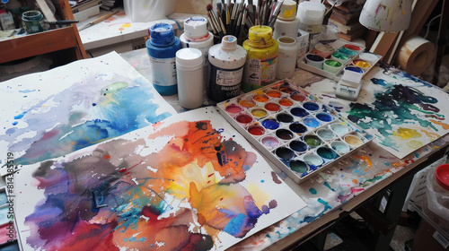 Watercolor painting and messy color palettes on table