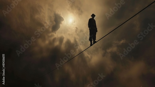 A figure on a tightrope, shifting perspectives as they walk, representing the idea of perspectivism in life photo