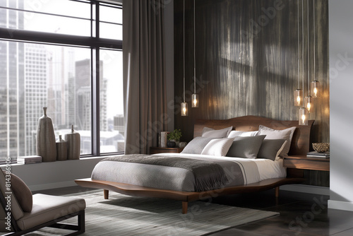 Interior of modern bedroom with gray walls, wooden floor, gray master bed with beige cushions and gray armchairs and window with blurry cityscape.