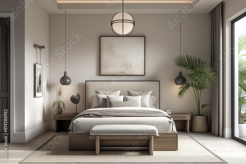 Interior of modern bedroom with brown walls, tatami floor, comfortable master bed with white linen and vertical mock up poster frame.