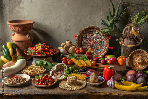 Traditional mexican food ingredients on rustic wooden table with copy space. Mexican food concept.