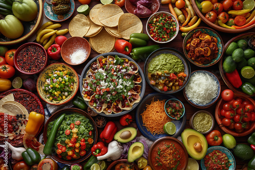 Top view of various mexican food in bowls on wooden table.