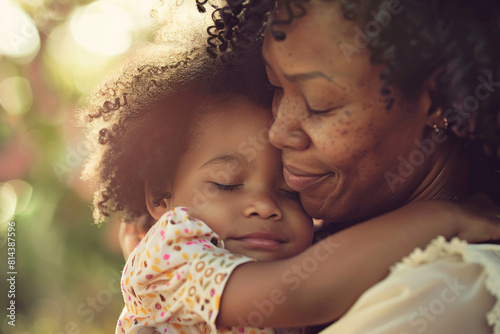Portrait of happy african american mother with her daughter hugging in the park. Mothers day concept.