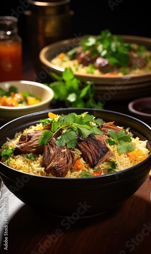 Arabic traditional food bowls Kabsa with meat 