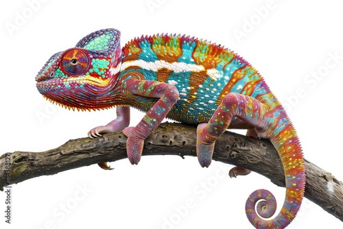 Prismatic chameleon on a branch photo on white isolated background