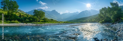 Mountain river on a sunny morning, Beautiful nature in the mountains, Azerbaijan Caucasus nature realistic nature and landscape photo