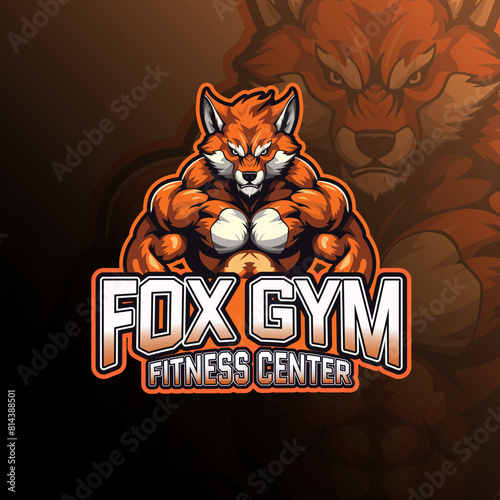 Gym with muscular fox, fitness center, mascot logo design vector for badge, emblem, esport and t-shirt printing. Editable text