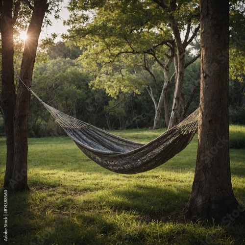 A tranquil scene of a hammock swaying gently between two trees.   © Muhammad