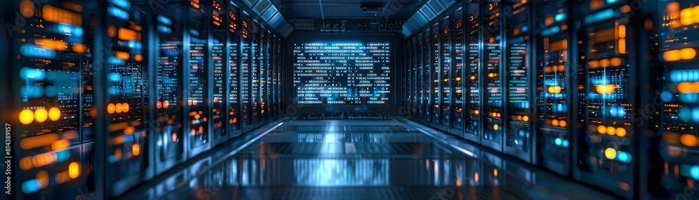 The image is a long, blue-lit hallway with servers on both sides.