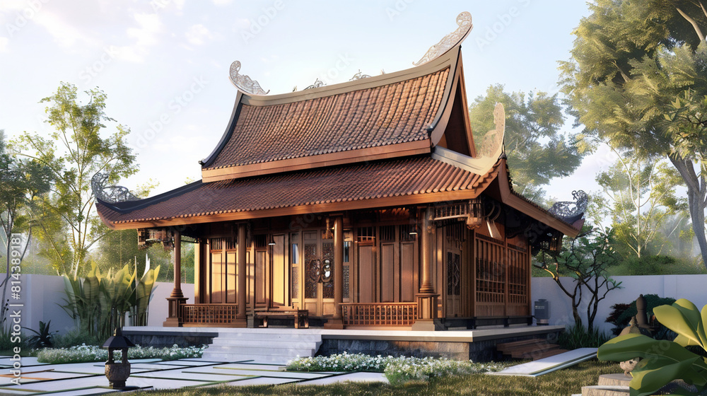 fantasy image of a traditional Indonesian cultural house floating above the clouds fantasy image of a traditional Indonesian cultural house floating above the clouds