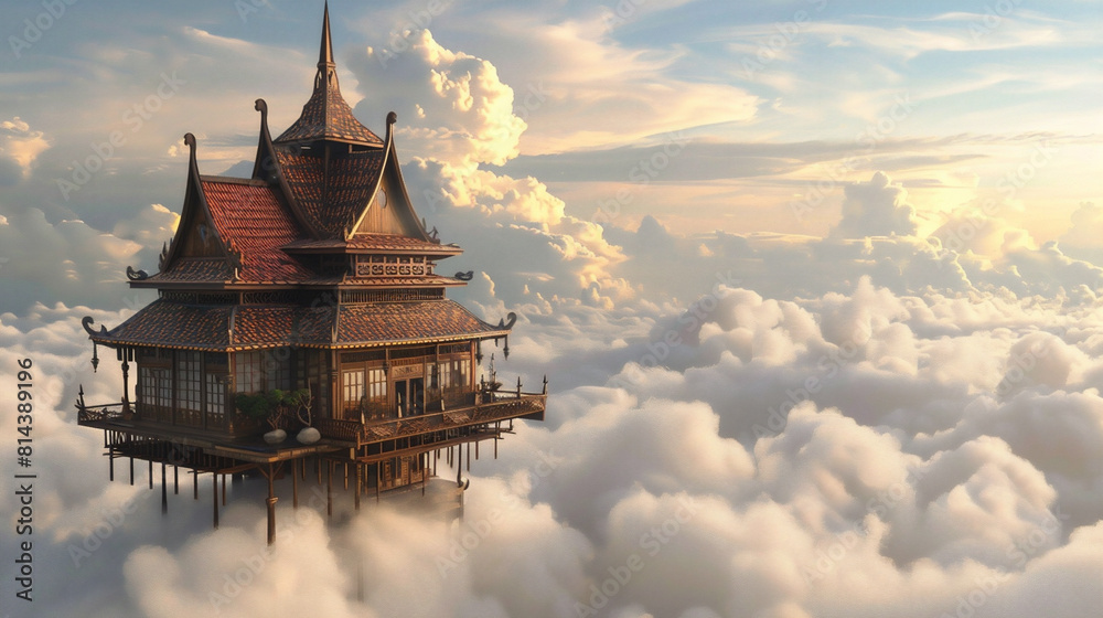 Fototapeta premium fantasy image of a traditional Indonesian cultural house floating above the clouds