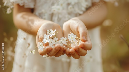 Hands of a girl holding some flowers on her first communion dress 