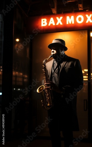 Saxophone player standing in spotlight in dark New York smokey bar 