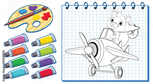 Cartoon squirrel flying a plane on notebook