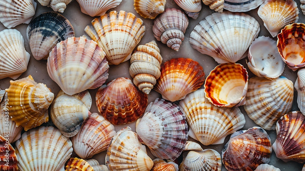 A background made up of soft - multicolored seashells arranged in a flat lay.