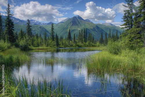 Wilderness Pond in Gustavus  Alaska with Stunning View of Mountains  Trees and Reeds in the Serene