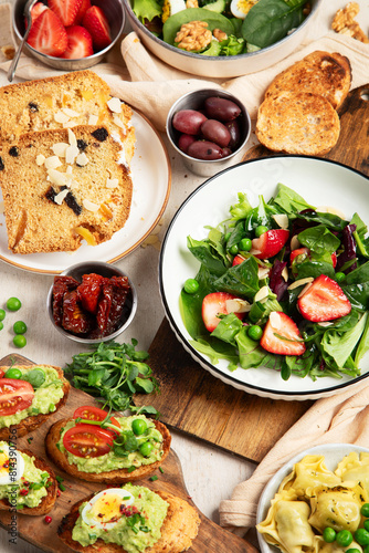 Summer table with various food.