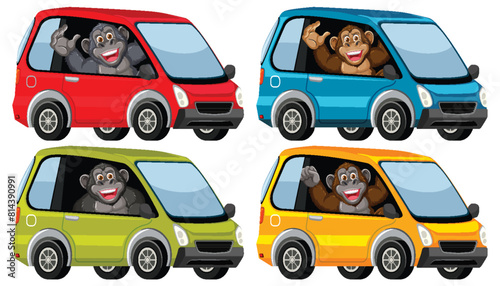 Four monkeys enjoying a ride in vibrant cars
