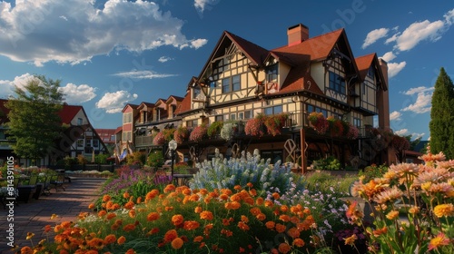 Charming Town of Frankenmuth Michigan: Bavarian Inn, Blue Skies, and Beautiful Flowers Amidst photo
