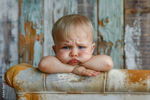 Sulking Baby: Portrait of an Angry and Sad Child with a Pained Expression and Vexation photo