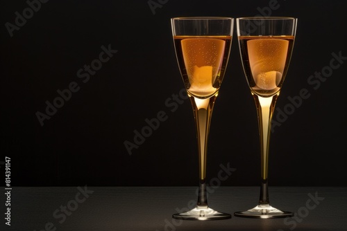 Luxurious Champagne Glasses with Soft Romantic Light. Celebrating Anniversary with Copy Space