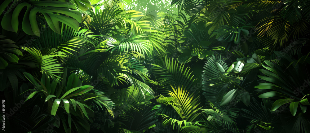 Dense jungle foliage with deep shadows, perfect for themes of mystery and lush natural environments, Dense jungle foliage with deep shadows, perfect for themes of mystery and lush natural environments,