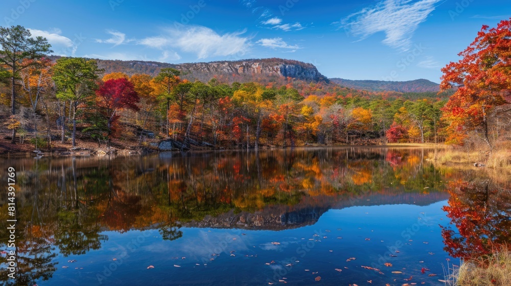 Nature's Autumn Palette: Cheaha State Park's Seasonal Landscape and Maple Colors Reflected in Lake,