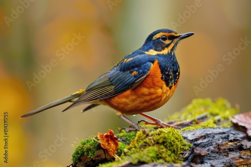 Male Varied Thrush perched on moss-covered log in foggy forest - Closeup of adult avifauna