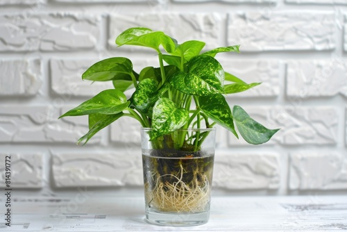 Indoor Houseplant Scindapsus Pictus Growing in Water with Roots in Glass on White Brick Wall Table. photo