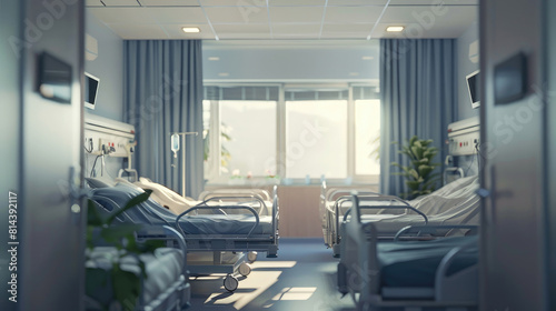 Hospital Room with Soft Sunlight and Medical Beds