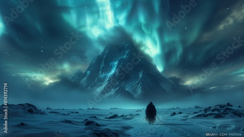person standing snow mountain background lights shaman wanderers traveling afar princess lone distance mammoth photo