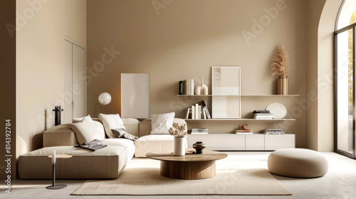 Compact living room in modern beige tones, minimalist aesthetics with a focus on functionality and style, © FoxGrafy