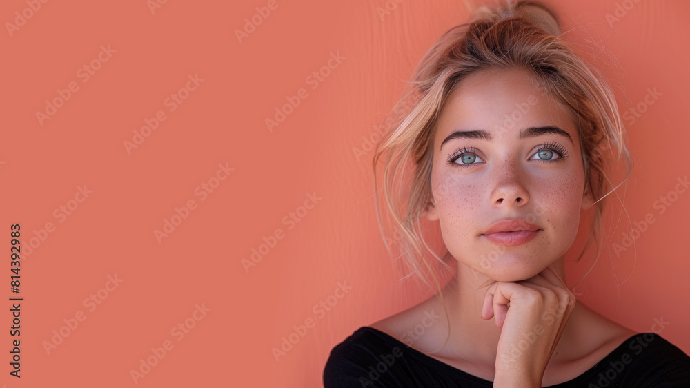 Germany woman in doubtful face to choose option, thinking decision making Germany woman in doubtful face to choose option, thinking decision making